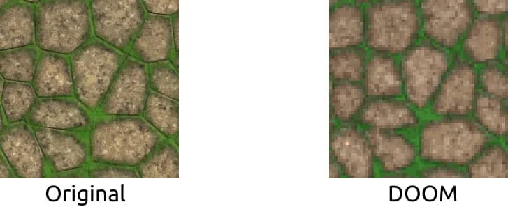 A comparison of 2 images side-by-side. The left image, labelled "Original" is of a repeating stone tile texture covered in moss. The right image, labelled "Doom" is of the same texture, but pixelised and with its colors restricted to those seen in the game Doom.