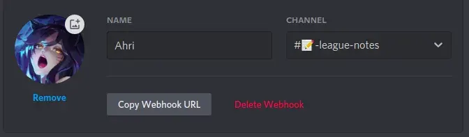 A screenshot within the discord client for customizing a webhook. The webhook&#x27;s profile picture has been set to a piece of artwork of the character Ahri from League of Legends. The bots name has been entered as Ahri, with the channel attribute being set to League Notes. There are 2 buttons at the bottom of the image, one labelled &#x27;Copy Webhook URL&#x27;, and the other labelled with &#x27;Delete Webhook&#x27;​.